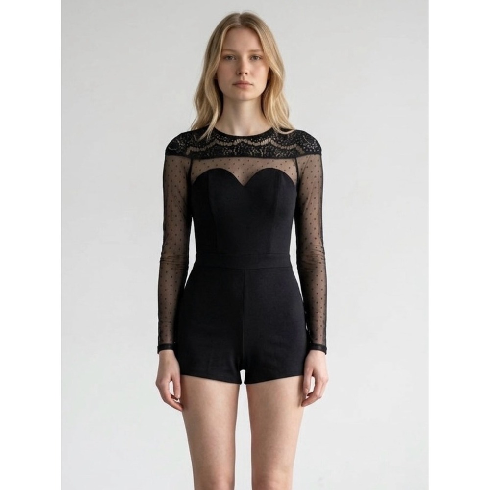 Guess‎ Lilly Mixed Lace Trim Sheer Mesh Long Sleeves Black Romper